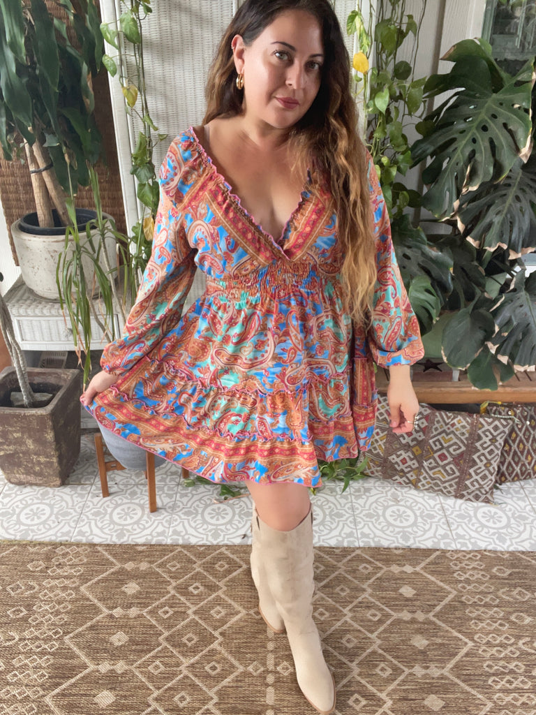 Short boho silk tiered dress w/ balloon sleeves (blue, brown, orange) | pinkandsilverfashion Short boho silk tiered dress w/ balloon sleeves (blue, brown, orange) | pinkandsilverfashion