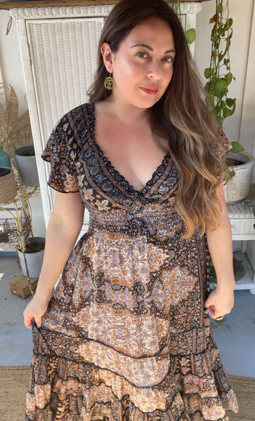 Butterfly sleeve Bohemian Maxi dress (black n brown)