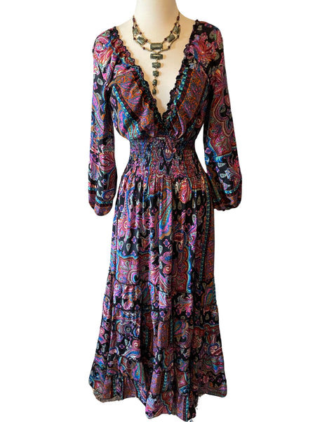 Long Sleeve Bohemian Maxi dress (black-pink)