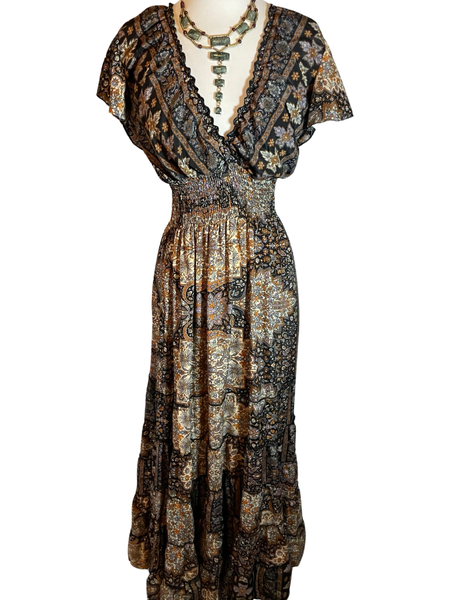 Butterfly sleeve Bohemian Maxi dress (black n brown)