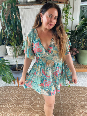 Short boho silk tiered dress (pastel)
