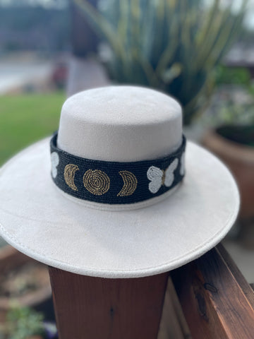 Hand beaded butterfly and moon BELT or HAT BAND (white)