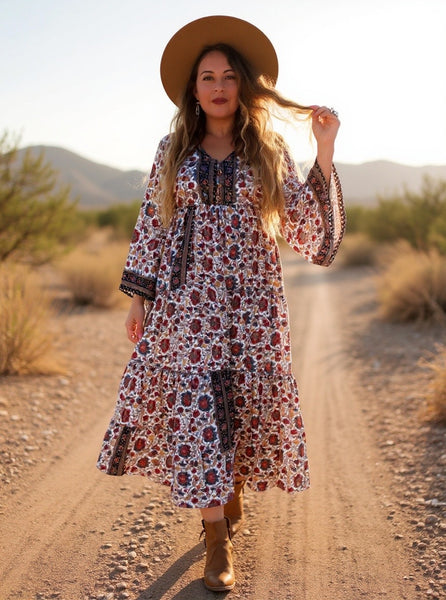 Silk Maxi dress with bell sleeves and buttons (Ivory )