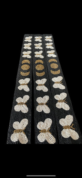 Hand beaded butterfly and moon BELT or HAT BAND (white)