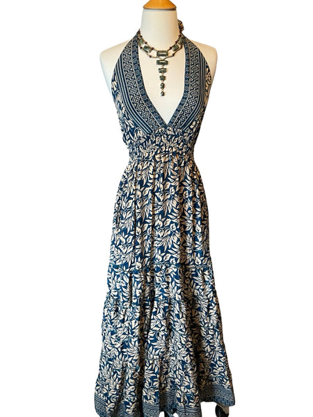 Halter Maxi Silk Dress (navy)