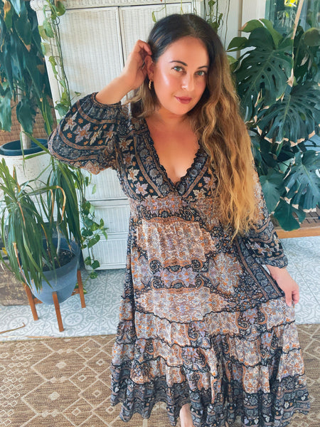 Long Sleeve Bohemian Maxi dress (Brown-Black) | pinkandsilverfashion Long Sleeve Bohemian Maxi dress (Brown-Black) | pinkandsilverfashion