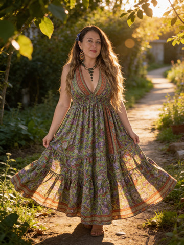 Halter Maxi Silk Dress (green n purple )