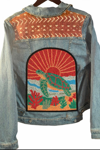 Hand Beaded Turtle sunset Denim Jacket