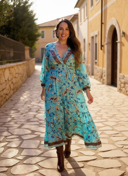 Long Sleeve Bohemian Maxi dress (turq)
