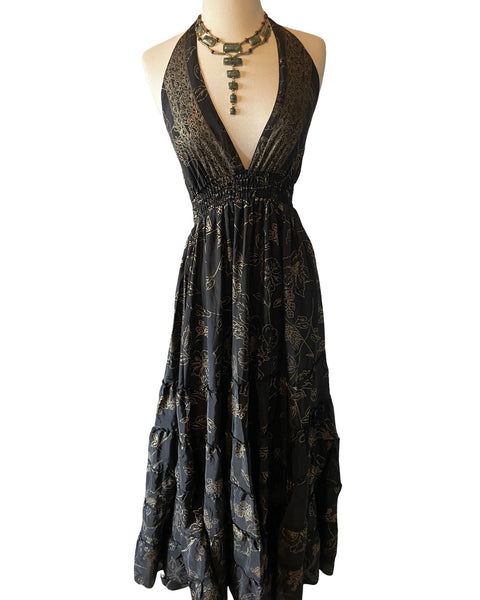 Halter Maxi Silk Dress (black n gold)
