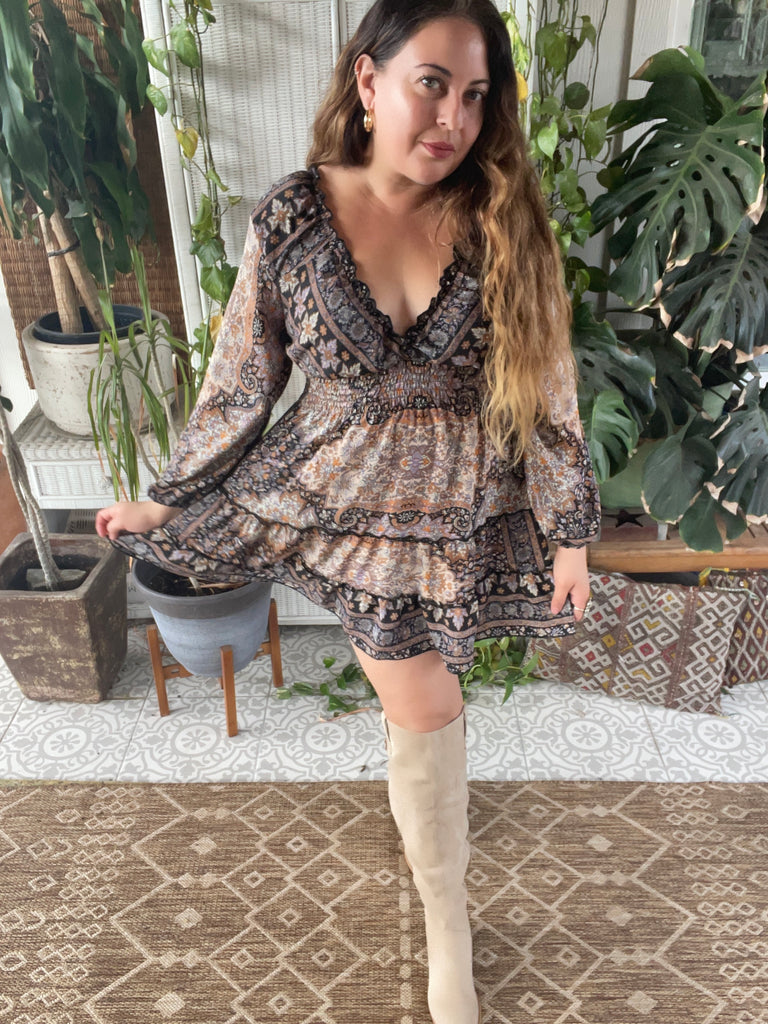 Short boho silk tiered dress w/ balloon sleeves (black n brown) | pinkandsilverfashion Short boho silk tiered dress w/ balloon sleeves (black n brown) | pinkandsilverfashion