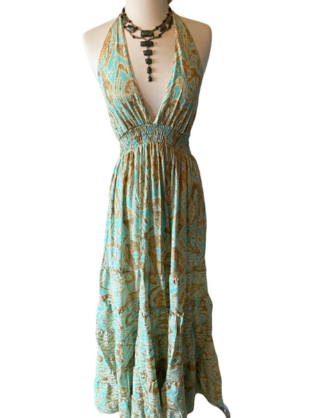 Halter Maxi Silk Dress (aqua)