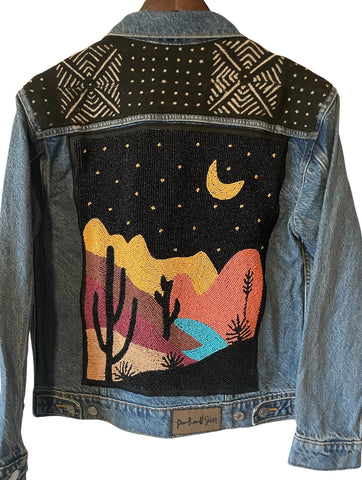 Hand Beaded Mountain Desert night with African Mud Cloth (Med wash denim)