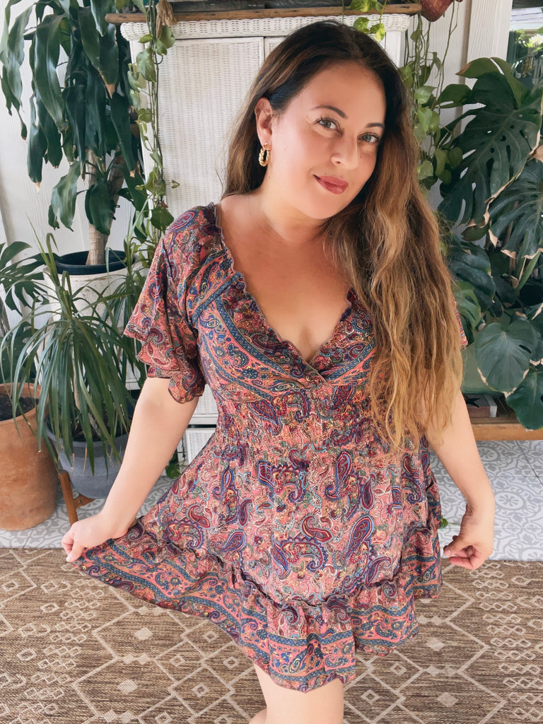 short paisley dress Women's Red Paisley Short Dress | Avara