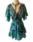 Short boho silk tiered dress (turquoise -green)