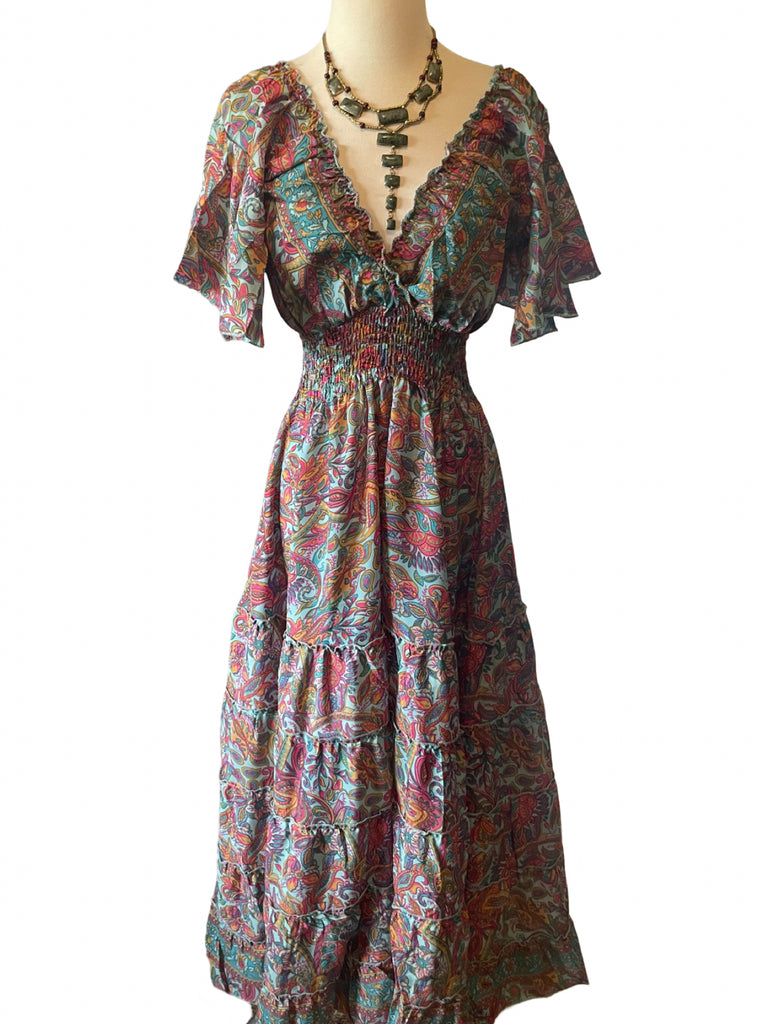 butterfly boho maxi dress Butterfly Bell Sleeve Maxi Dress Silk Boho Fairy Dress | 70s Inspired | Orange or Pink Paisley