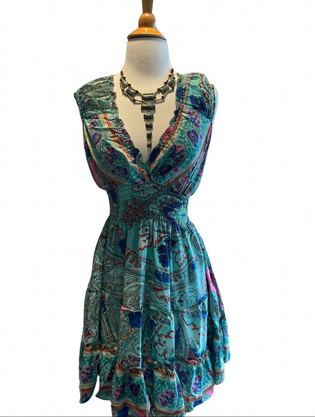Short boho silk tiered dress (Turquoise )