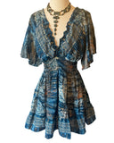 Short boho silk tiered dress (blue-gold)