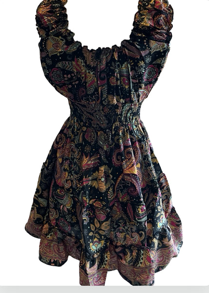 Short boho silk tiered dress (black)