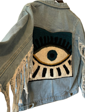 Embellished fringe denim evil eye jacket