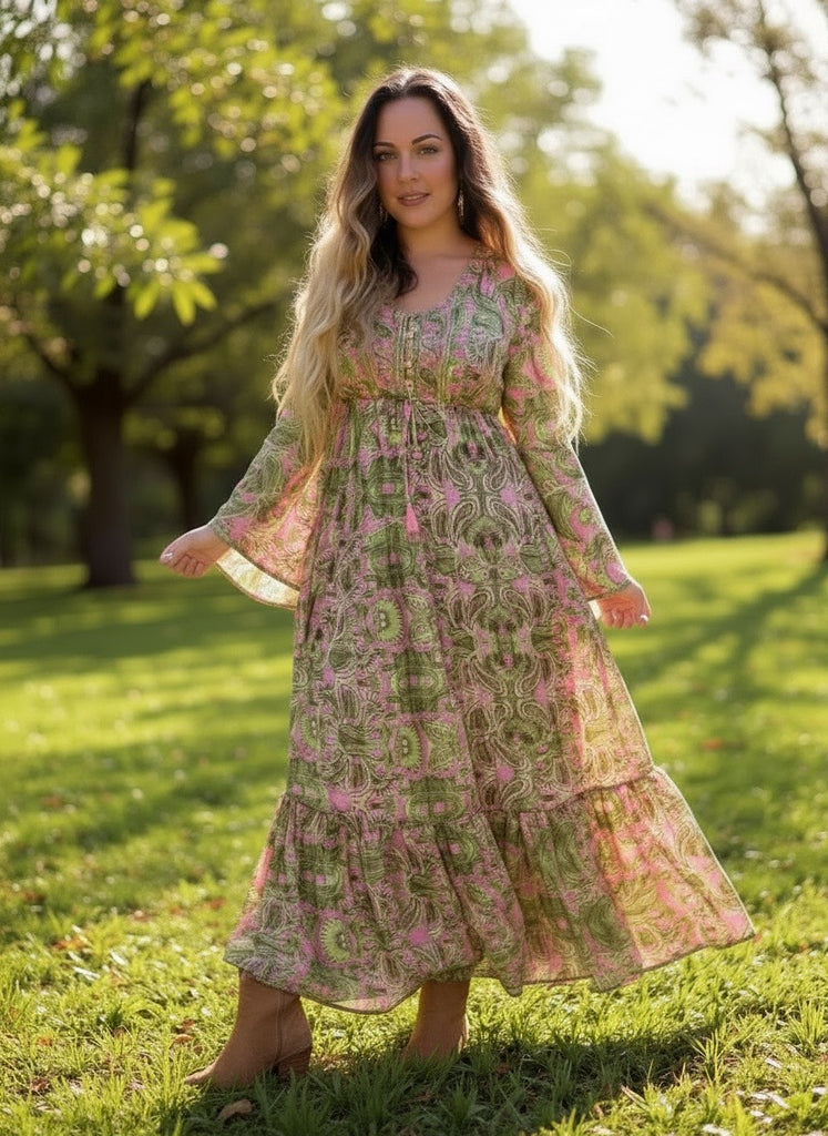 Silk Maxi dress with bell sleeves and buttons (Olive n pink) | pinkandsilverfashion Silk Maxi dress with bell sleeves and buttons (Olive n pink) | pinkandsilverfashion