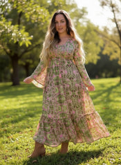 https://www.vicicollection.com/products/maxi-dress-with-bell-sleeves Silk Maxi dress with bell sleeves and buttons (Olive n pink)