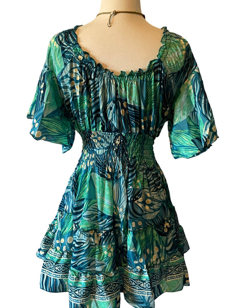 Short boho silk tiered dress (turquoise -green)