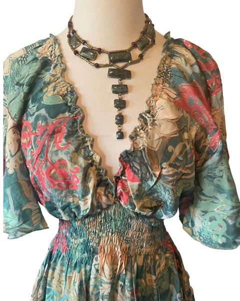 Short boho silk tiered dress (pastel)