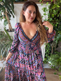 Long Sleeve Bohemian Maxi dress (black-pink)