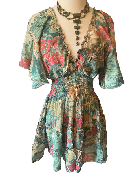 Short boho silk tiered dress (pastel)