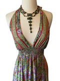 Halter Maxi Silk Dress (green n purple )
