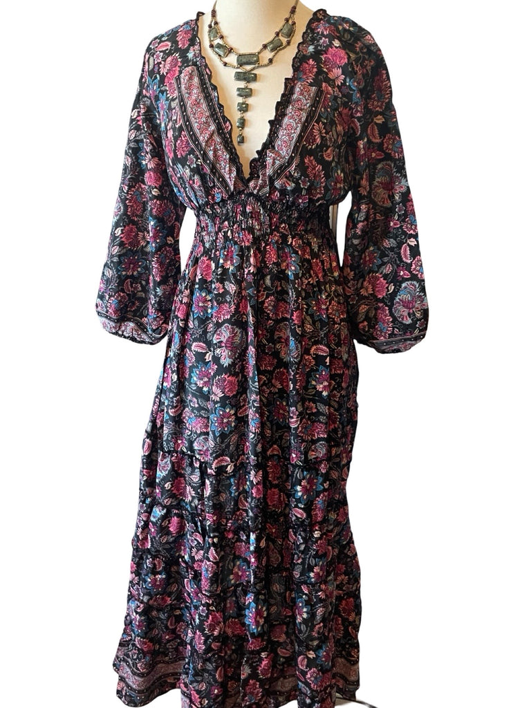 Long Sleeve Bohemian Maxi dress (black n pink) | pinkandsilverfashion Long Sleeve Bohemian Maxi dress (black n pink) | pinkandsilverfashion