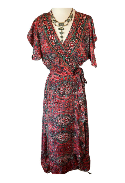 Silk adjustable ruffle wrap dress (red)