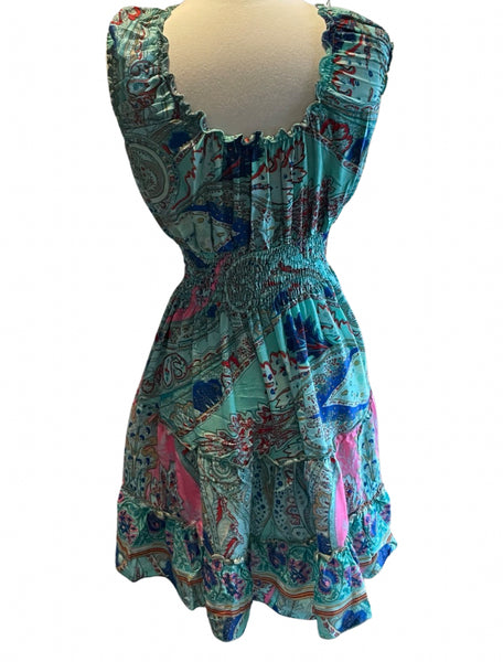 Short boho silk tiered dress (Turquoise )
