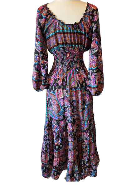 Long Sleeve Bohemian Maxi dress (black-pink)