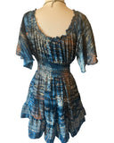 Short boho silk tiered dress (blue-gold)