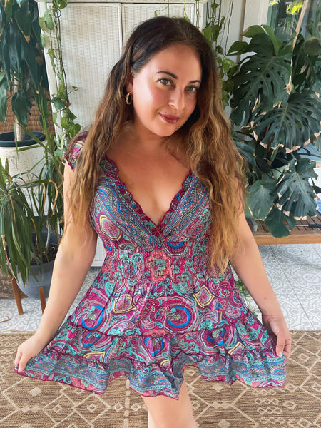 Short boho silk tiered dress dark pink