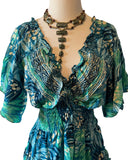 Short boho silk tiered dress (turquoise -green)