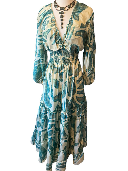 Long Sleeve Bohemian Maxi dress (ivory n blue)