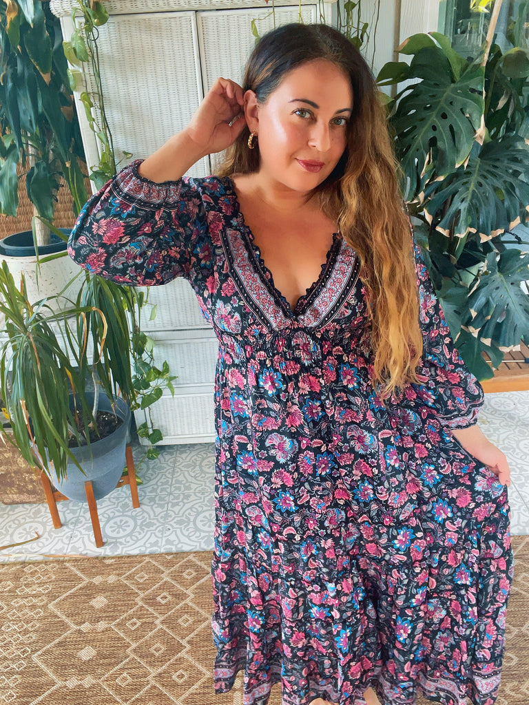Long Sleeve Bohemian Maxi dress (black n pink) | pinkandsilverfashion Long Sleeve Bohemian Maxi dress (black n pink) | pinkandsilverfashion