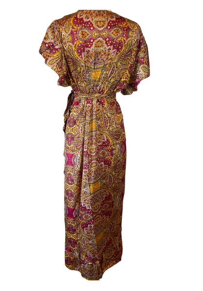 Gold Inlay Silk Wrap dress (Red-Yellow )