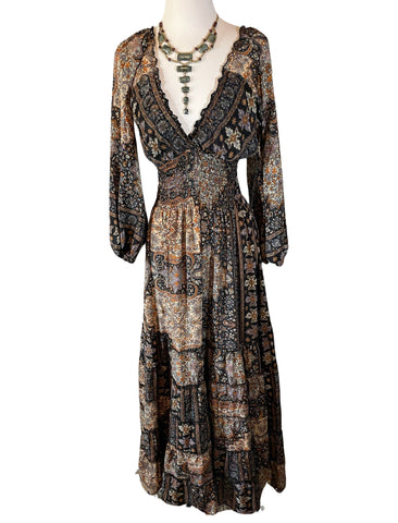 Long Sleeve Bohemian Maxi dress (Brown-Black)