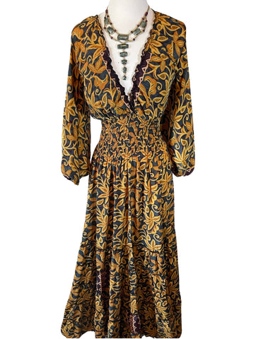 Long Sleeve Bohemian Maxi dress (gold)