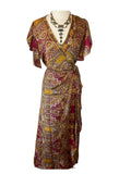 Gold Inlay Silk Wrap dress (Red-Yellow )