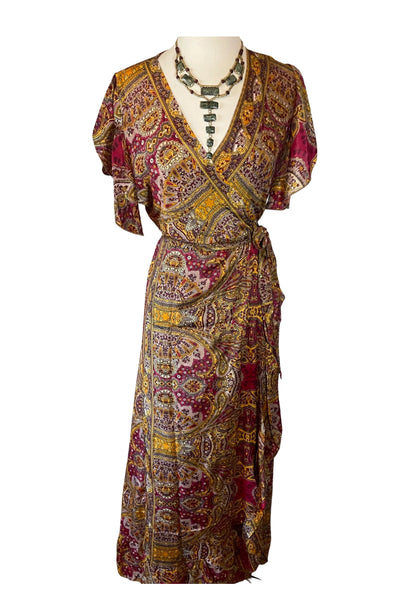 Gold Inlay Silk Wrap dress (Red-Yellow )