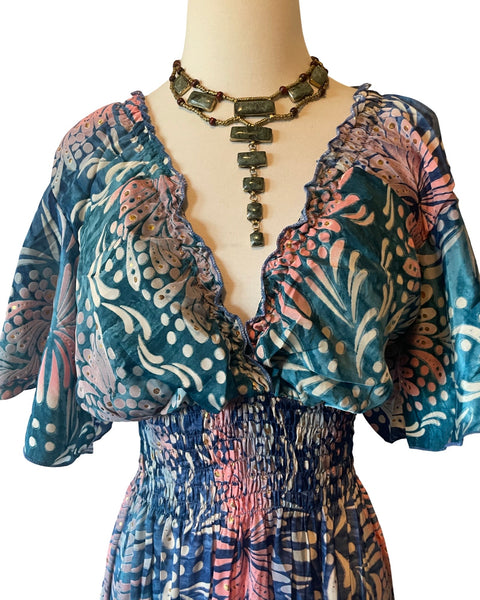 Butterfly sleeve Bohemian Maxi dress (blue n pink)
