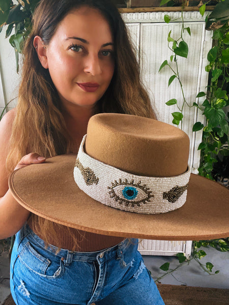 Hand beaded evil eye n snake belt or hat band (white)