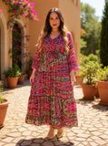 Silk Maxi dress with bell sleeves and buttons (Fuchsia)