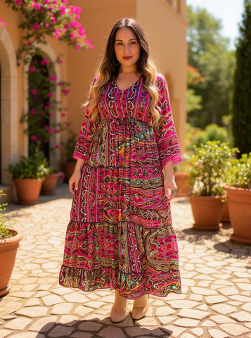 Silk Maxi dress with bell sleeves and buttons (Fuchsia)