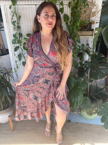 Gold Inlay Silk Wrap dress (Black)